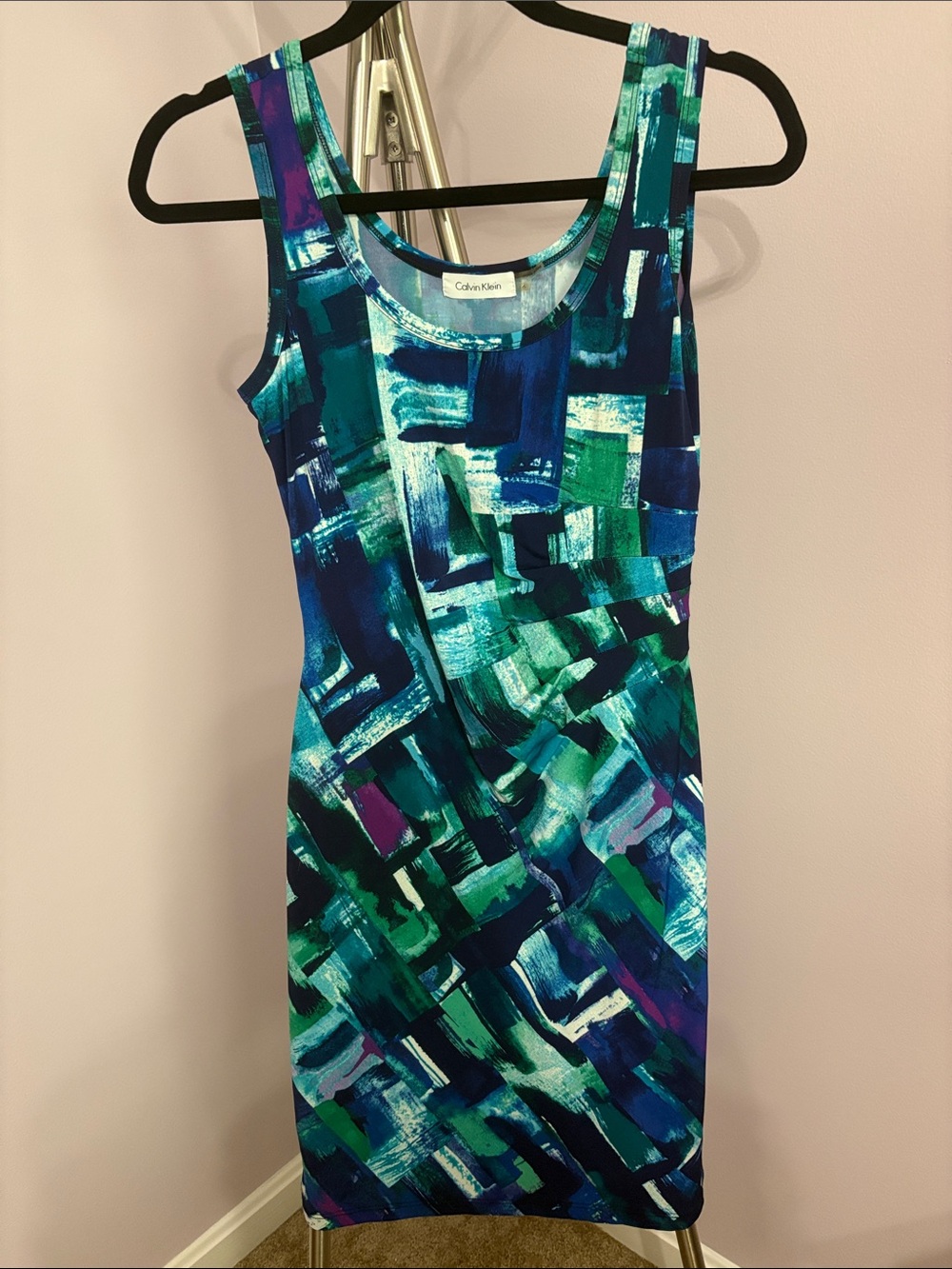 Calvin Klein Abstract Brushstroke Tank Dress in Teal, Navy & Emerald